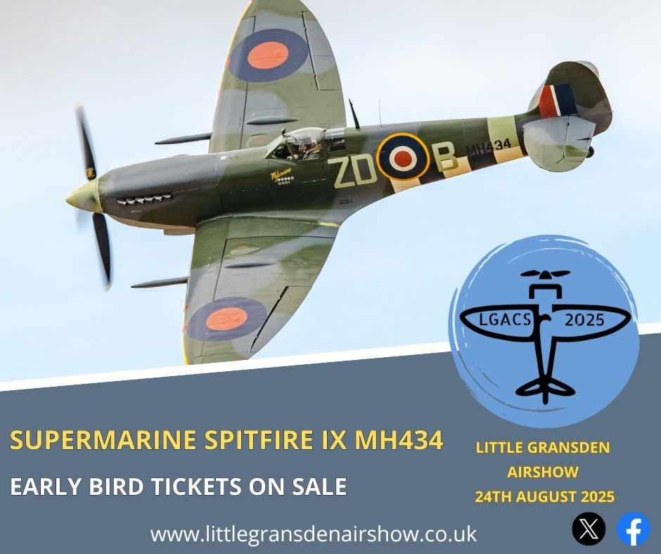 The legendary Spitfire MH434 joins the flying lineup at #LittleGransdenAirshow on 24th August 2025! ✈️🔥

Don’t miss this icon in action! 🎟️ Early bird tickets available now 👇littlegransdenairshow.co.uk/tickets/

#SpitfireMH434 #Airshow202