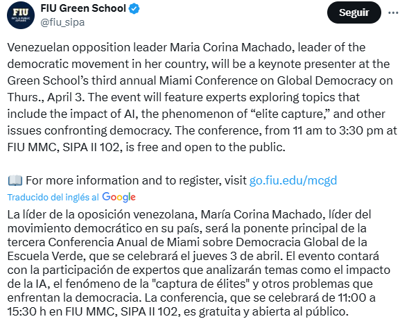 EVTV (@evtvmiami) on Twitter photo #EsNoticia 🇻🇪🇺🇸 <a href="/MariaCorinaYA/">María Corina Machado</a> será la ponente principal de la tercera Conferencia Anual de Miami sobre Democracia Global de la Escuela Verde
📲Más en EVTV.online #EsNoticia 🇻🇪🇺🇸 <a href="/MariaCorinaYA/">María Corina Machado</a> será la ponente principal de la tercera Conferencia Anual de Miami sobre Democracia Global de la Escuela Verde
📲Más en EVTV.online