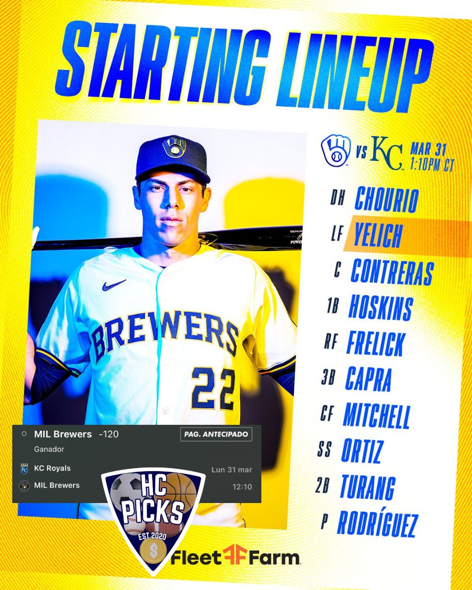 HcPicks's tweet image. Free Pick MLB para hoy! Vamos con los Milwaukee Brewers para llevarse la victoria  #MLB #FreePick #MilwaukeeBrewers #ThisIsMyCrew #BaseBall #picks #apuestasdeportivas #apuestas #sportsbettingpicks #bettingtips #tipster