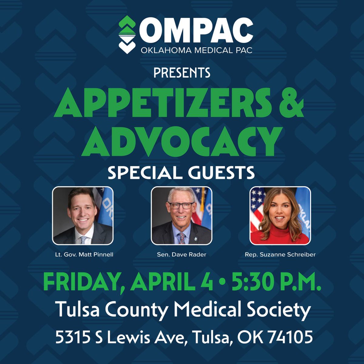 Last chance to register for Appetizers &amp; Advocacy, a fun evening to support OMPAC and its mission to advance medicine-friendly policies. Join us Friday, April 4 at the Tulsa County Medical Society. Register here: my.okmed.org/OMPACtulsa
