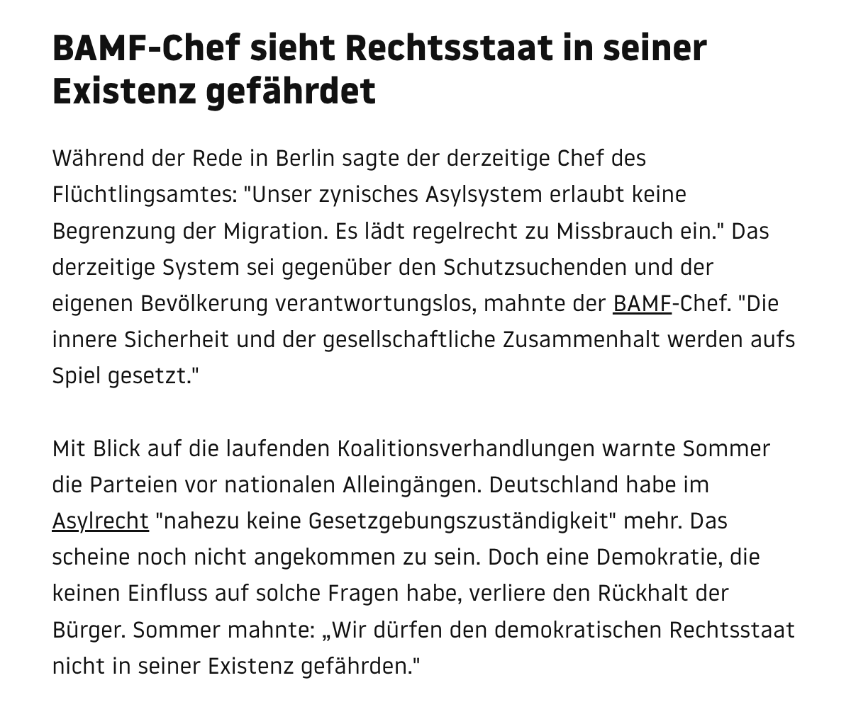 🔴News: Mit einem Knall platzt eine Brandrede von Bamf-Chef Sommer am Montagnachmittag in die Koalitionsgespräche. Sommer schlägt eine faktische Abschaffung des individuellen Rechts aus Asyl vor. Flüchtlinge sollen nur noch eingeflogen werden. 1/2