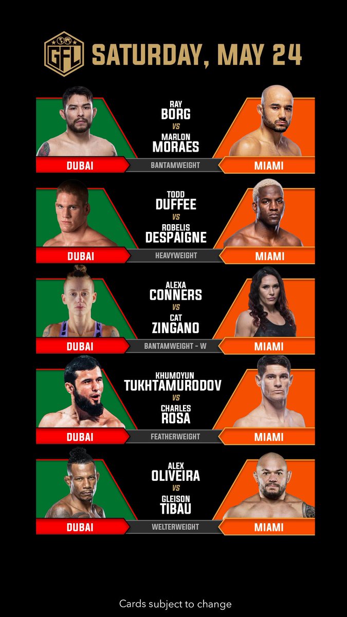 mmhmmMMA's tweet image. 5/ Sneak Peek: GFL Fight Cards for May 24-25, 2025! 👀

Check out these stacked cards…👀

🗓️Saturday, May 24

🌆Team Dubai vs. Team Miami🏖️

•Ray Borg vs. Marlon Moraes (Bantamweight)
•Todd Duffee vs. Robelis Despaigne (Heavyweight)
•Alexa Conners vs. Cat Zingano…