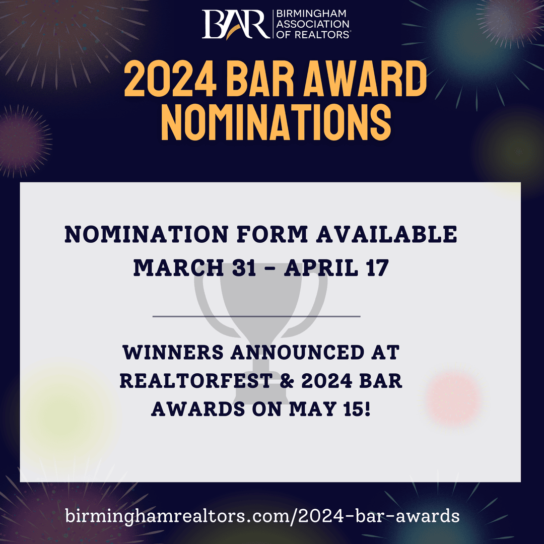 BhamREALTORS's tweet photo. Nominations are officially open for the 2024 BAR Awards, and they will be open until close of business on Thursday, April 17th!

Submit your nominations here: https://t.co/ARAg8enHNN https://t.co/UFrHtaR72o