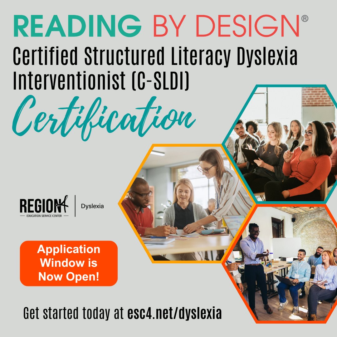 R4Dyslexia (@r4dyslexia) on Twitter photo Boost Your Dyslexia Expertise โ Get C-SLDI Certified! The #ReadingbyDesign Structured Literacy Certification Program is now accepting applications for the C-SLDI Pathway! Gain
<a href="/DyslexiaIDA/">International Dyslexia Association</a>-accredited training and TEA certification. Learn more & apply: esc4.net/rbdcp Boost Your Dyslexia Expertise โ Get C-SLDI Certified! The #ReadingbyDesign Structured Literacy Certification Program is now accepting applications for the C-SLDI Pathway! Gain
<a href="/DyslexiaIDA/">International Dyslexia Association</a>-accredited training and TEA certification. Learn more & apply: esc4.net/rbdcp