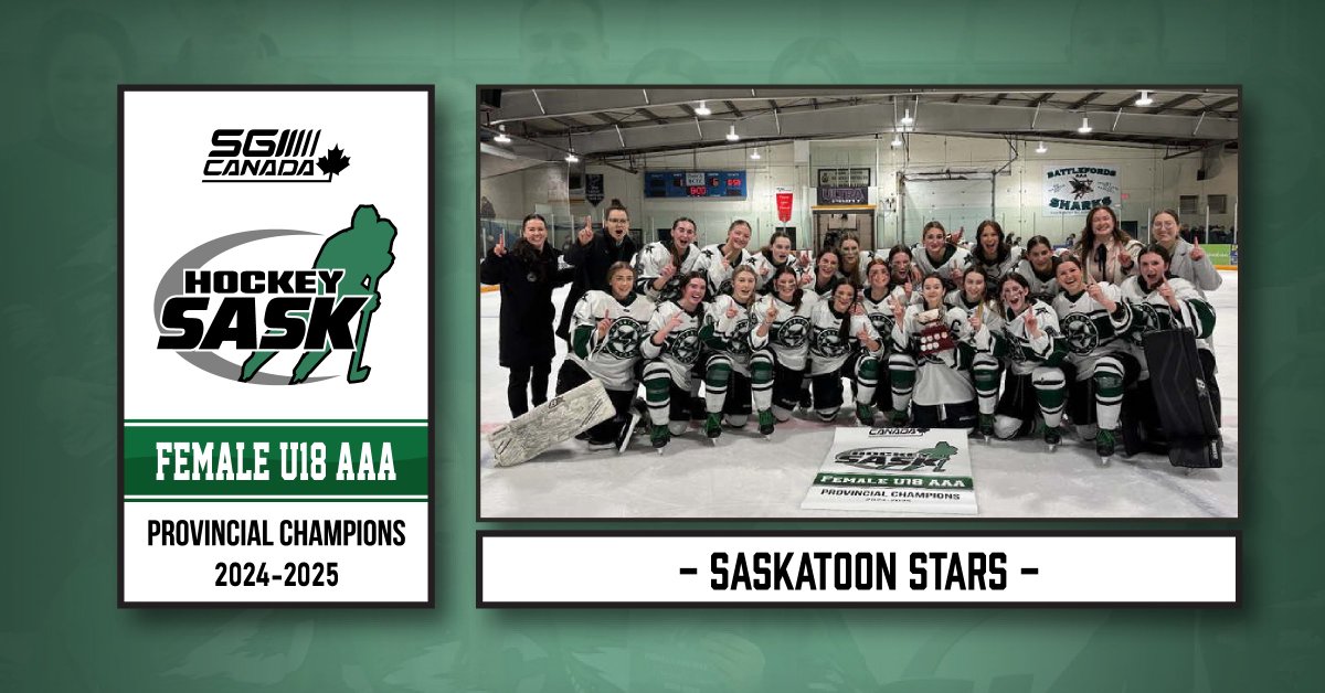 Hockey Saskatchewan (@hockeysask) on Twitter photo 🏆 <a href="/SGI_CANADA/">SGI CANADA</a> PROVINCIAL PLAYOFFS CHAMPION
DIVISION ➡️FEMALE UNDER-18 AAA
TEAM ➡️SASKATOON STARS
The Battlefords Sharks fought hard this season, including an OT victory to make the final. In the end, the Saskatoon Stars claimed their 5th title and 1stsince 2019. 🏆 <a href="/SGI_CANADA/">SGI CANADA</a> PROVINCIAL PLAYOFFS CHAMPION
DIVISION ➡️FEMALE UNDER-18 AAA
TEAM ➡️SASKATOON STARS
The Battlefords Sharks fought hard this season, including an OT victory to make the final. In the end, the Saskatoon Stars claimed their 5th title and 1stsince 2019.