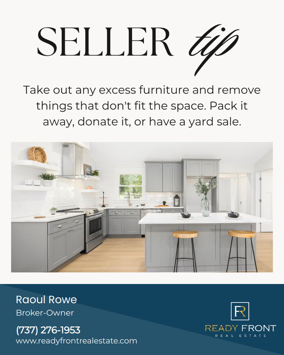 readyfrontre's tweet image. When potential buyers walk into the house, they don't want to feel overwhelmed with clutter, so make sure to do all the cleaning and decluttering before the first showing. It will make a world of a difference!

#homesellingtip #cleananddeclutter #readyfrontrealestate #raoulrowe