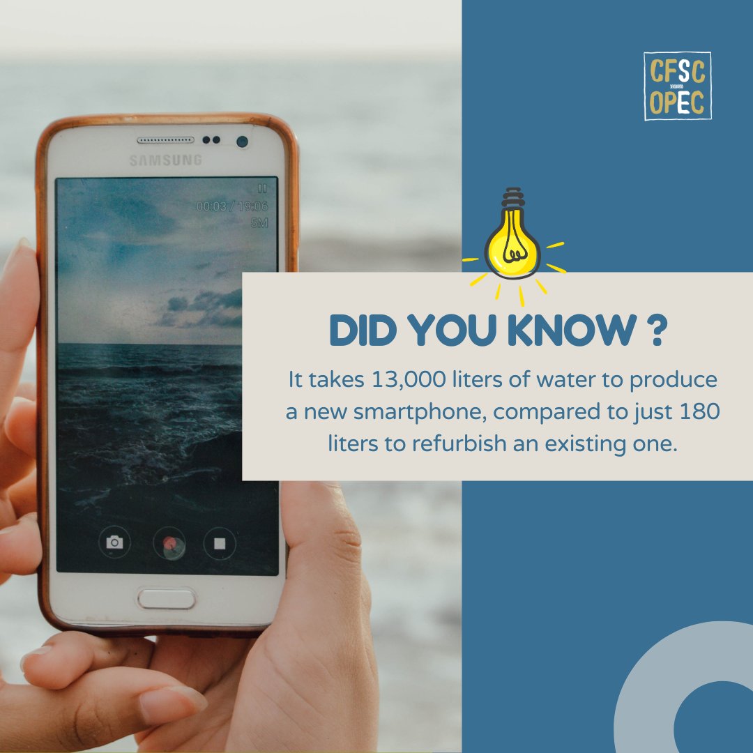 💧 Saving water, one device at a time

Manufacturing a new smartphone uses 13,000L of water, compared to just 180L for a refurbished one—98% water saved! Choosing refurbished helps preserve our planet's resources. 

#sustainability #refurbished #smartphone #cfsc_opec
