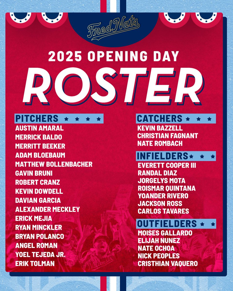 It's here! 🤩

Take a look at the FredNats' 2025 Opening Day Roster! 👀

See them for the first time at Virginia Credit Union Stadium on Tuesday, April 8th.

Get your seats now at frednats.com/tickets!