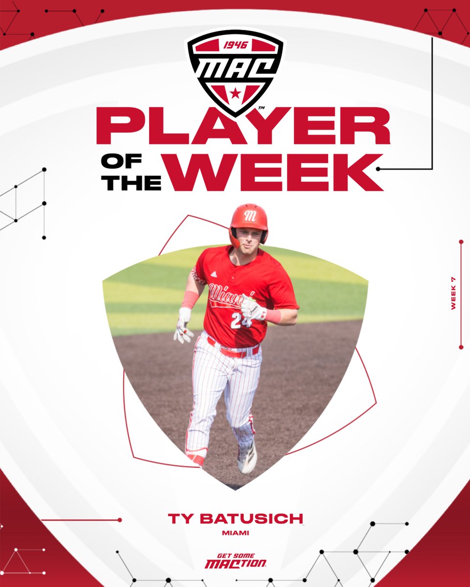 ⚾️ Player of the Week ⚾️

Ty Batusich drove in 12 runs in four games for the RedHawks this week, helping Miami to sweep Western Michigan over the weekend. Batusich's seven hits included a three-run homer Friday that started Miami's comeback in what later became an 11-5 victory.