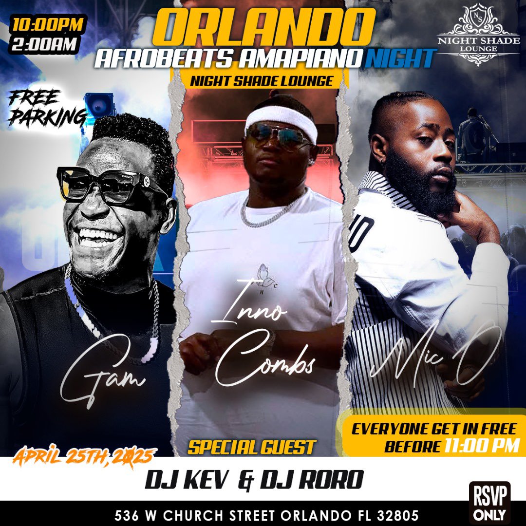 On April 25th 2025 

In Orlando Florida 

A Listening party 

At 10:00PM - 2:00 AM EST 

FREE RSVP Only 

Music : AfroBeat / Hip Hop