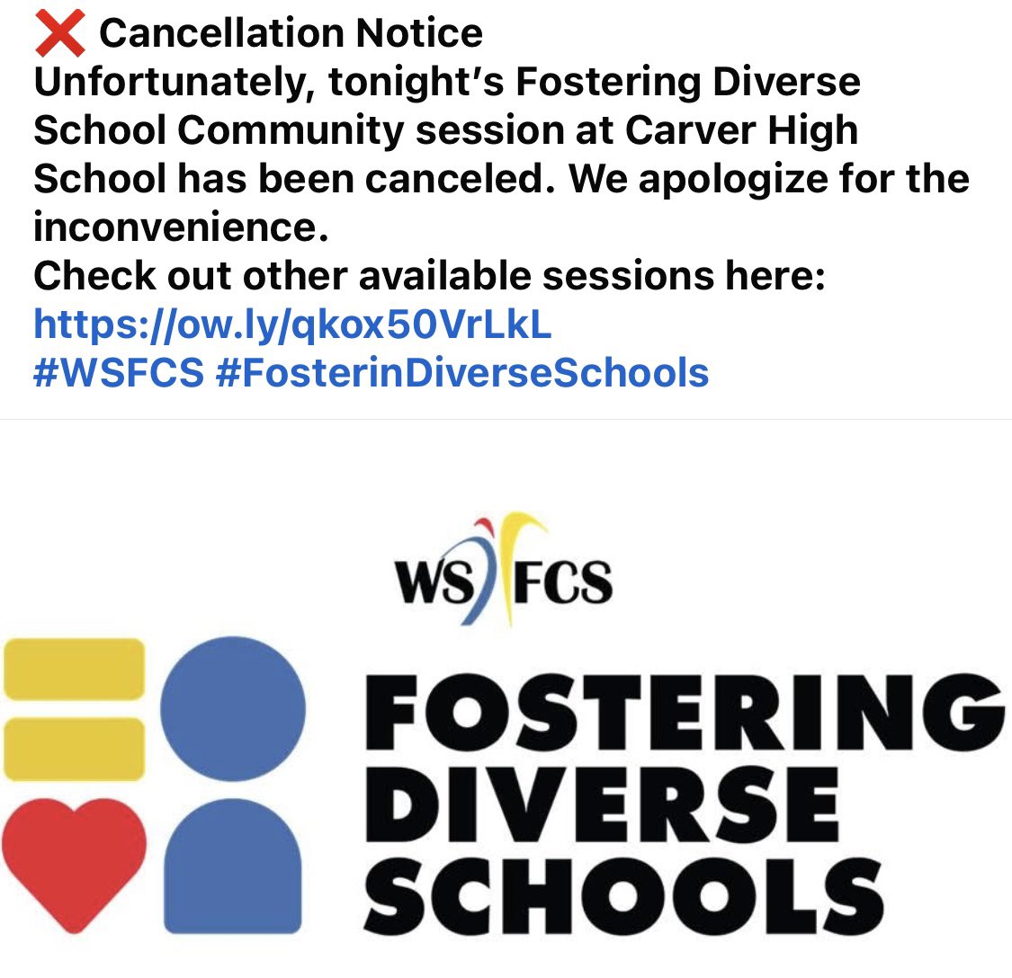 CarverHSNation_WS (@carverhs_nation) on Twitter photo Due to forecast, the Fostering Diverse Schools meeting scheduled for tonight at 6pm has been canceled. <a href="/CHS_JacketPride/">Carver High School</a> <a href="/_CHS_Athletics_/">Carver High School Athletics</a> <a href="/carver_men/">Carver Yellow Jackets Men's Basketball</a> <a href="/WSyellowjackets/">Carver HS Athletics</a> <a href="/CarverYellow/">Carver HS YellowJackets Girl’s Basketball</a> <a href="/CarverYellow/">Carver HS YellowJackets Girl’s Basketball</a> <a href="/jacket_mathhive/">Carver High School Math Department</a> <a href="/ThyaisLMax7/">Thyais Maxwell</a> Due to forecast, the Fostering Diverse Schools meeting scheduled for tonight at 6pm has been canceled. <a href="/CHS_JacketPride/">Carver High School</a> <a href="/_CHS_Athletics_/">Carver High School Athletics</a> <a href="/carver_men/">Carver Yellow Jackets Men's Basketball</a> <a href="/WSyellowjackets/">Carver HS Athletics</a> <a href="/CarverYellow/">Carver HS YellowJackets Girl’s Basketball</a> <a href="/CarverYellow/">Carver HS YellowJackets Girl’s Basketball</a> <a href="/jacket_mathhive/">Carver High School Math Department</a> <a href="/ThyaisLMax7/">Thyais Maxwell</a>