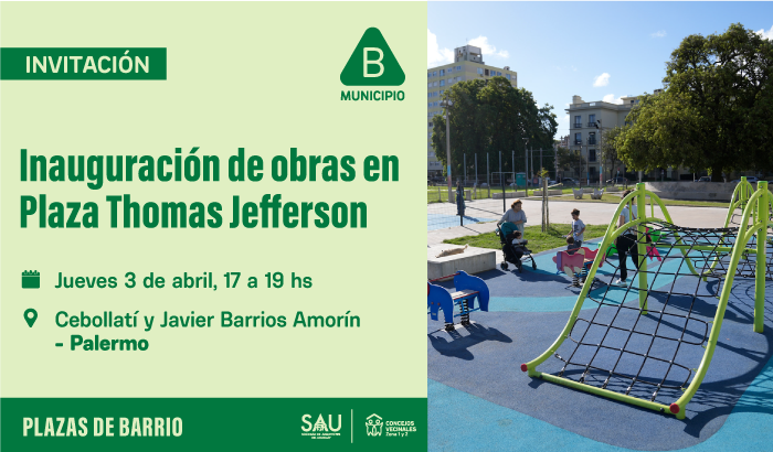 📣 Inauguramos obras en Plaza Jefferson 💚🌳

🗓️ Jueves 3 de abril
⏰ De 17 a 19 horas
📍 Cebollatí y Javier Barrios Amorín

17:00 h. 🤹🏽‍♀️ Ludoteca de circo para las infancias
17:30 h. ✂️ Corte de cinta y oratoria

🎉 ¡Te esperamos!