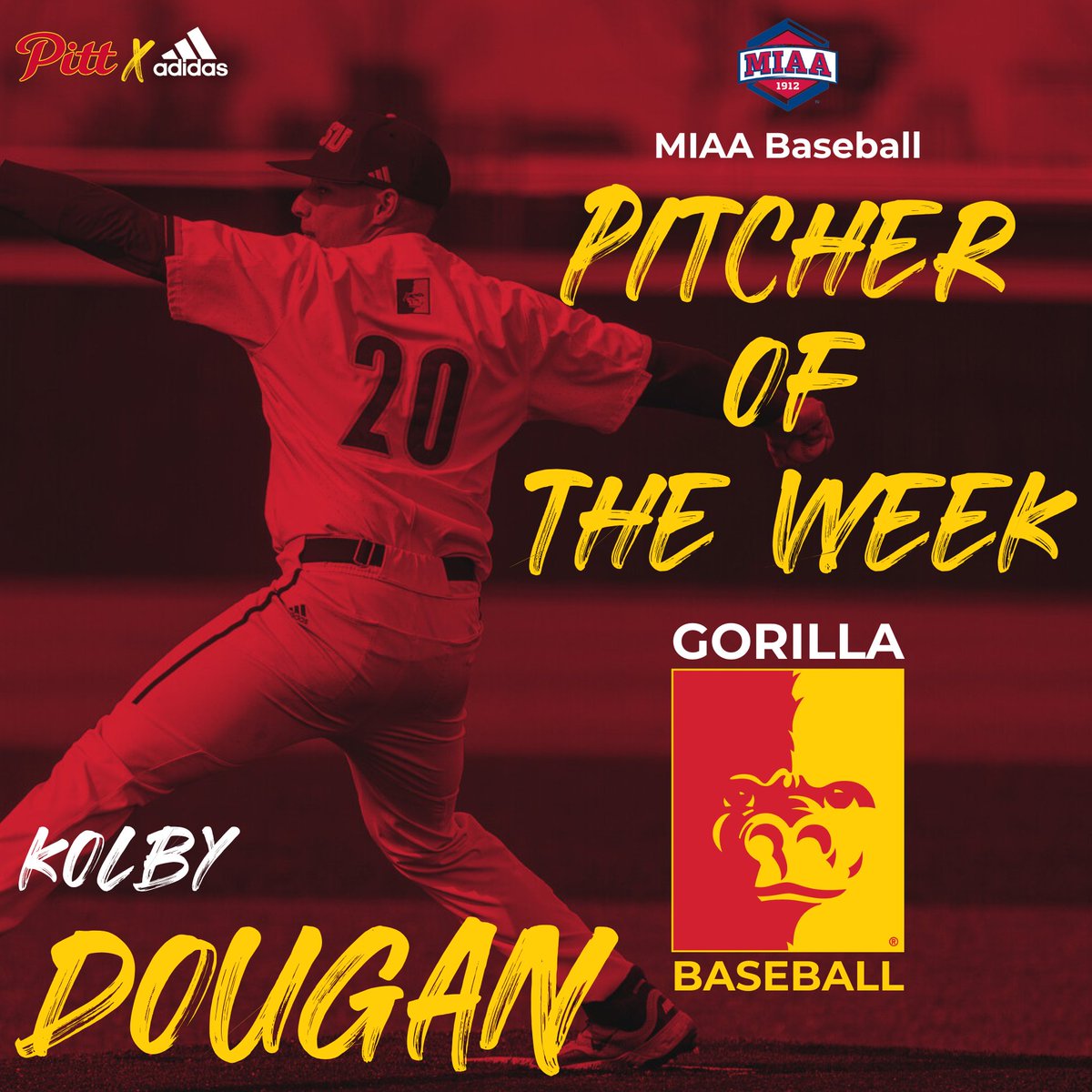 Pitt State Athletics π¦ (@pittstgorillas) on Twitter photo π¨PITCHER OF THE WEEKπ¨
Kolby Dougan is the MIAA Baseball Pitcher of the Week after a dominant outing against Northeastern State π¦βΎοΈ
Dougan thew 8 shutout innings with 11 strikeouts in the team's 8-0 win Friday.
<a href="/GorillasBSB/">Pitt State Baseball βΎοΈ</a>|<a href="/pittstate/">Pittsburg State</a> π¨PITCHER OF THE WEEKπ¨
Kolby Dougan is the MIAA Baseball Pitcher of the Week after a dominant outing against Northeastern State π¦βΎοΈ
Dougan thew 8 shutout innings with 11 strikeouts in the team's 8-0 win Friday.
<a href="/GorillasBSB/">Pitt State Baseball βΎοΈ</a>|<a href="/pittstate/">Pittsburg State</a>