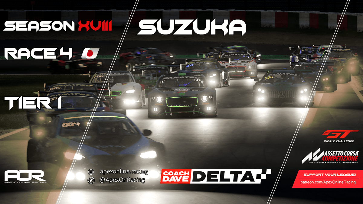 Apex Online Racing (@apexonracing) on Twitter photo 🚨 #AORACC is LIVE 🚨
We are live for Round 4 of Season 18 of our prestigious ACC leagues! Tonight our top tier drivers compete our the challenging Suzuka circuit. 🇯🇵
Watch live 👇
📺 bit.ly/ACC-S18-R4
⚡️ Powered by <a href="/coachdavesetups/">Coach Dave Academy</a> 🚨 #AORACC is LIVE 🚨
We are live for Round 4 of Season 18 of our prestigious ACC leagues! Tonight our top tier drivers compete our the challenging Suzuka circuit. 🇯🇵
Watch live 👇
📺 bit.ly/ACC-S18-R4
⚡️ Powered by <a href="/coachdavesetups/">Coach Dave Academy</a>