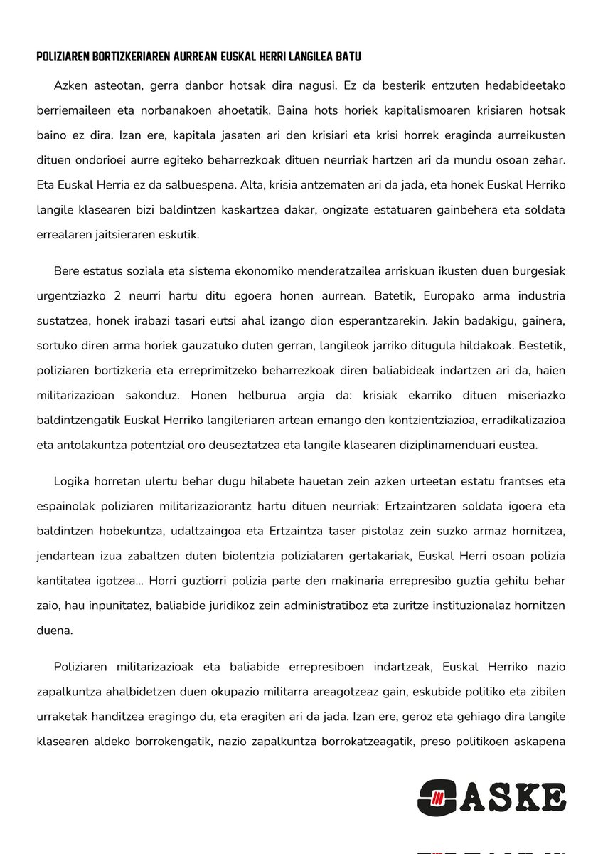 aske_eh's tweet photo. "Euskal Herri Langileari dagokio poliziaren biolentzia eta militarizazioaren aurka antolatu eta borrokatzea, poliziaren funtzio soziala agerian utziz"

POLIZIAREN BORTIZKERIAREN AURREAN EUSKAL HERRI LANGILEA BATU! https://t.co/HVu6jX6Dbg