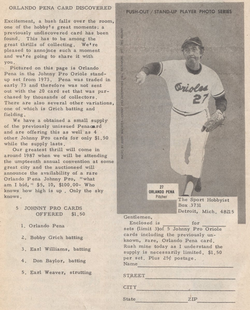 The 1973 Johnny Pro Orioles set is fairly obscure, but if you look at any listings for it, they will mention that the Orlando Pena card wasn't die-cut.  This ad in the Summer 1975 issue of The Sport Hobbyist helps to shed some light on why!
#HobbyLibrary #TheHobby #HobbyHistory
