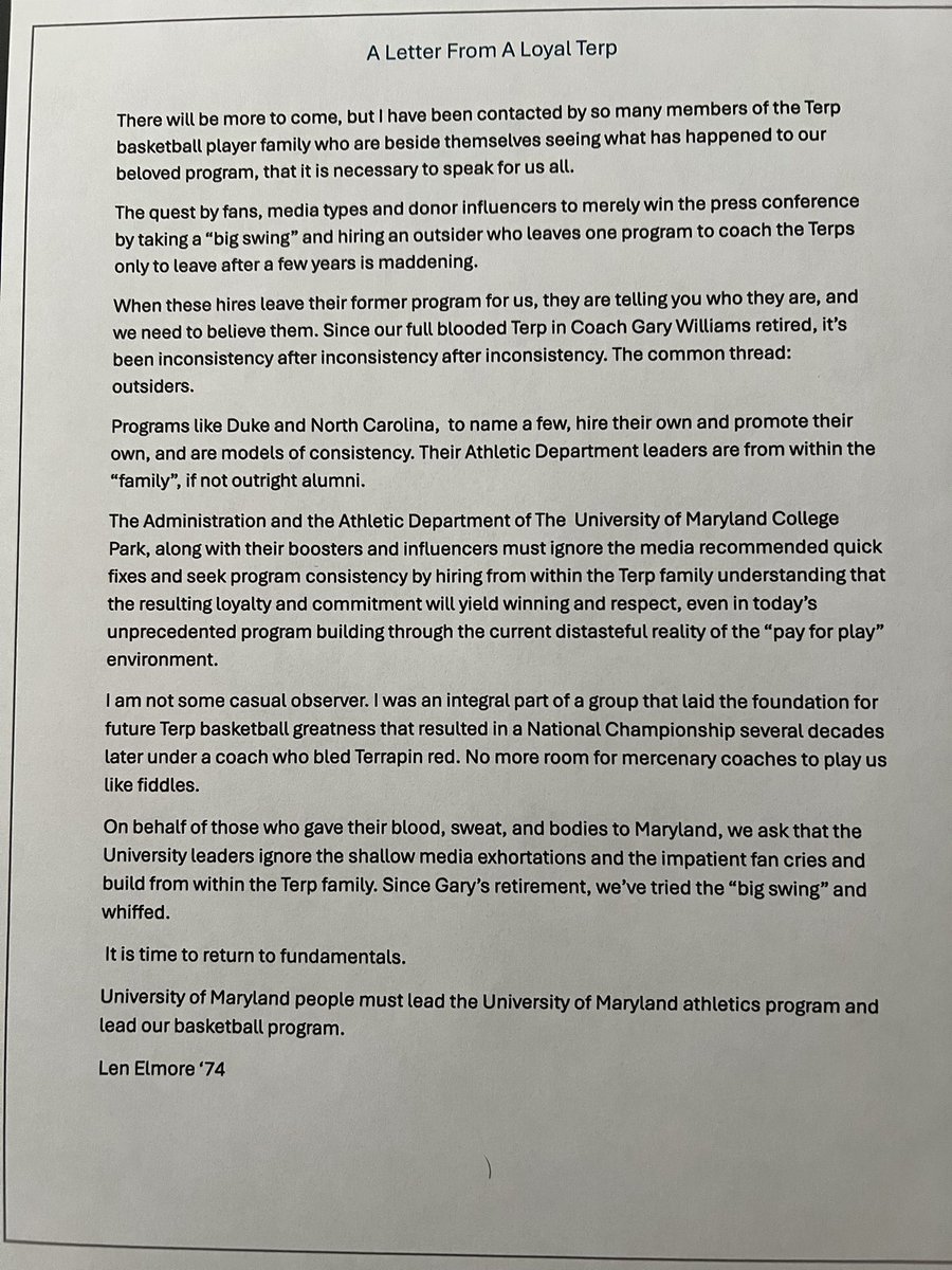 The Terp basketball family has endured a lot these past days. For the sake of our program, I speak for so many of my brothers who have reached out to me in anguish over what has become of our program.
It is time to speak…