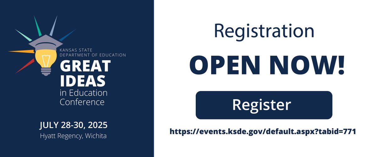 Beginning this year, KSDE’s Great Ideas in Education Conference will take place in July to be a “back-to-school kickoff” opportunity for district and building leadership teams to develop strategies for meeting district action plans.

Register Now: buff.ly/4h1mStw