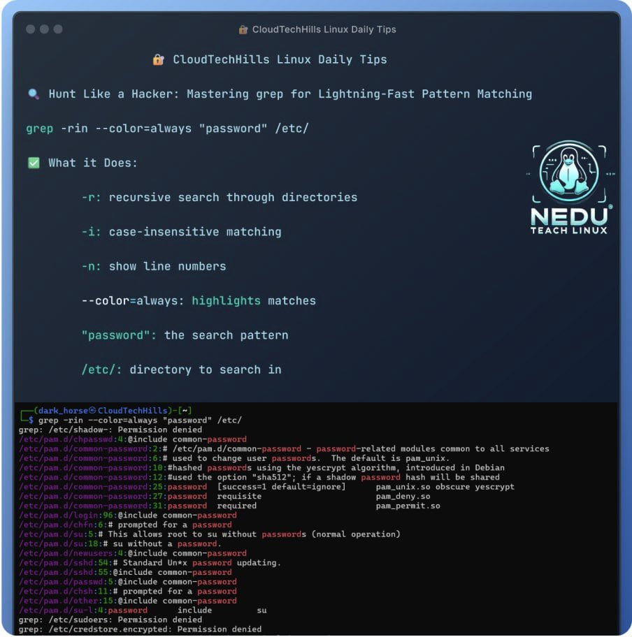 CLIverse1's tweet image. 🔍 Want to hunt like a hacker?

Master this grep command and uncover hidden patterns in seconds:

Follow @NeduTeachLinux for daily Linux hacking tips!

#LinuxTips #CyberSecurity #BugBounty #Infosec #HackingTools #TerminalHacks #CloudTechHills