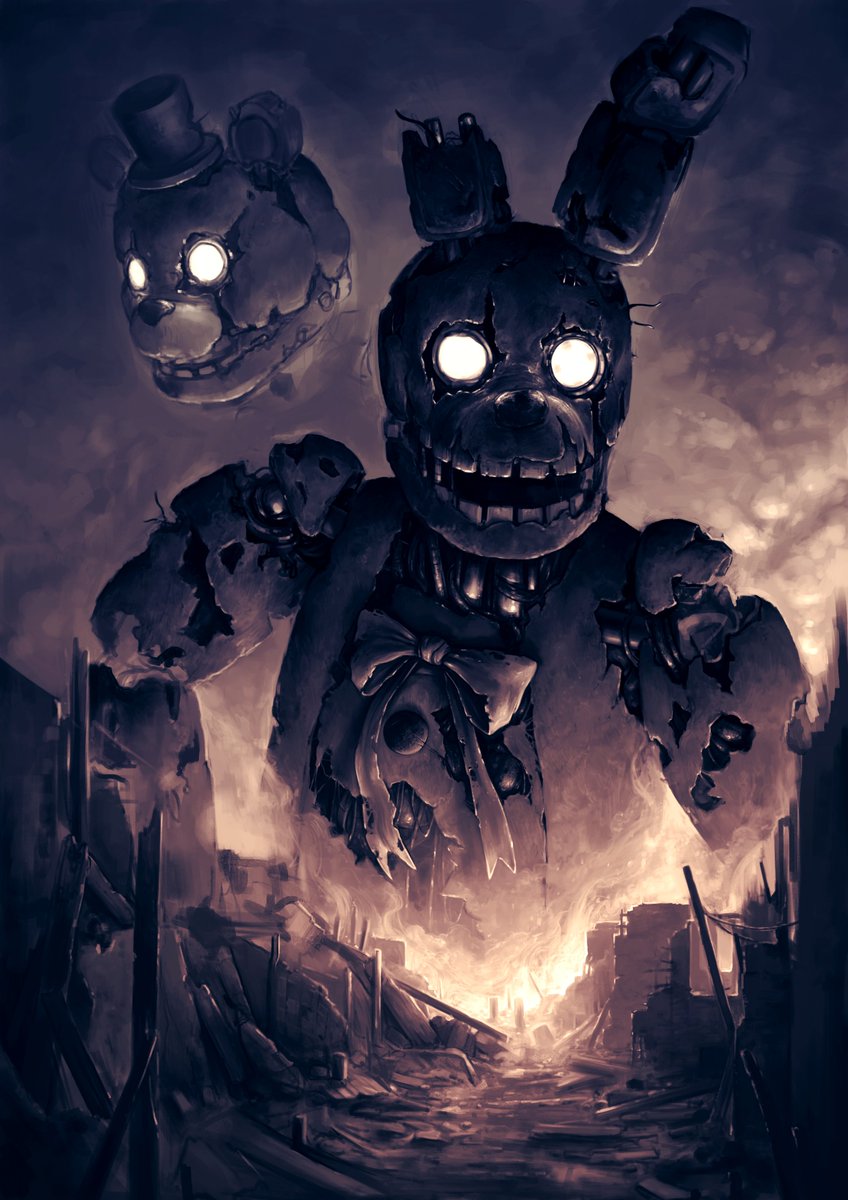 turntailart's tweet image. I promised Kane I&apos;d make three tweets this month, so this old unfinished piece will have to do before midnight. It was going to be Springtrap looming over the Fazbear&apos;s Fright ruins, but I got bored with it. I&apos;d still like to do a proper &quot;beartrap&quot; design tho
#FNAF #fnaffanart