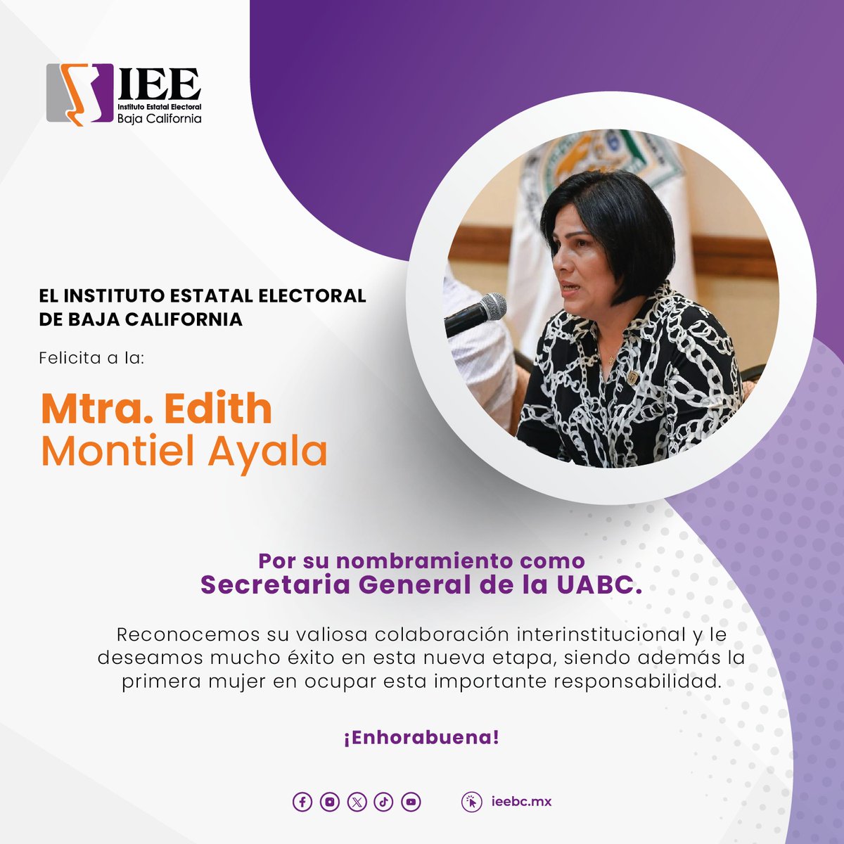 El #IEEBC felicita a la Mtra. Edith Montiel Ayala por su nombramiento como Secretaria General de la <a href="/UABC_oficial/">UABC_oficial</a>.
Reconocemos su valiosa colaboración interinstitucional y le deseamos éxito en esta nueva etapa, siendo además la 1era mujer en ocupar esta importante responsabilidad