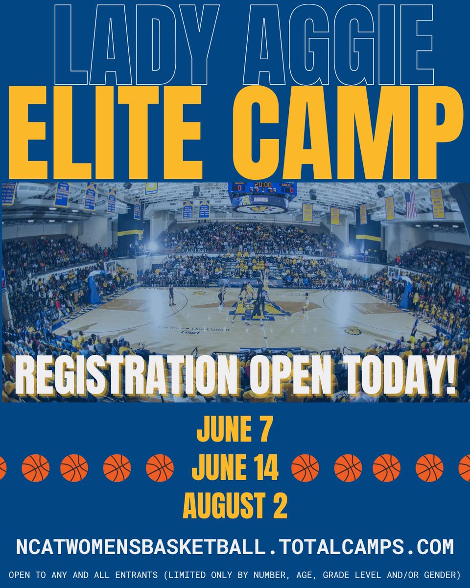 🚨 ELITE CAMP REGISTRATION IS OPEN! 🚨

Join us for an unforgettable experience with our players &amp; coaching staff! Limited spots available, so secure your spot today!

🔗 Register 👉🏾: ncatwomensbasketball.totalcamps.com/shop/EVENT

#AggieWBB 💙💛 #Commit2Grit #WeAboveMe #LevelUp #BeUncommon #AggiePride