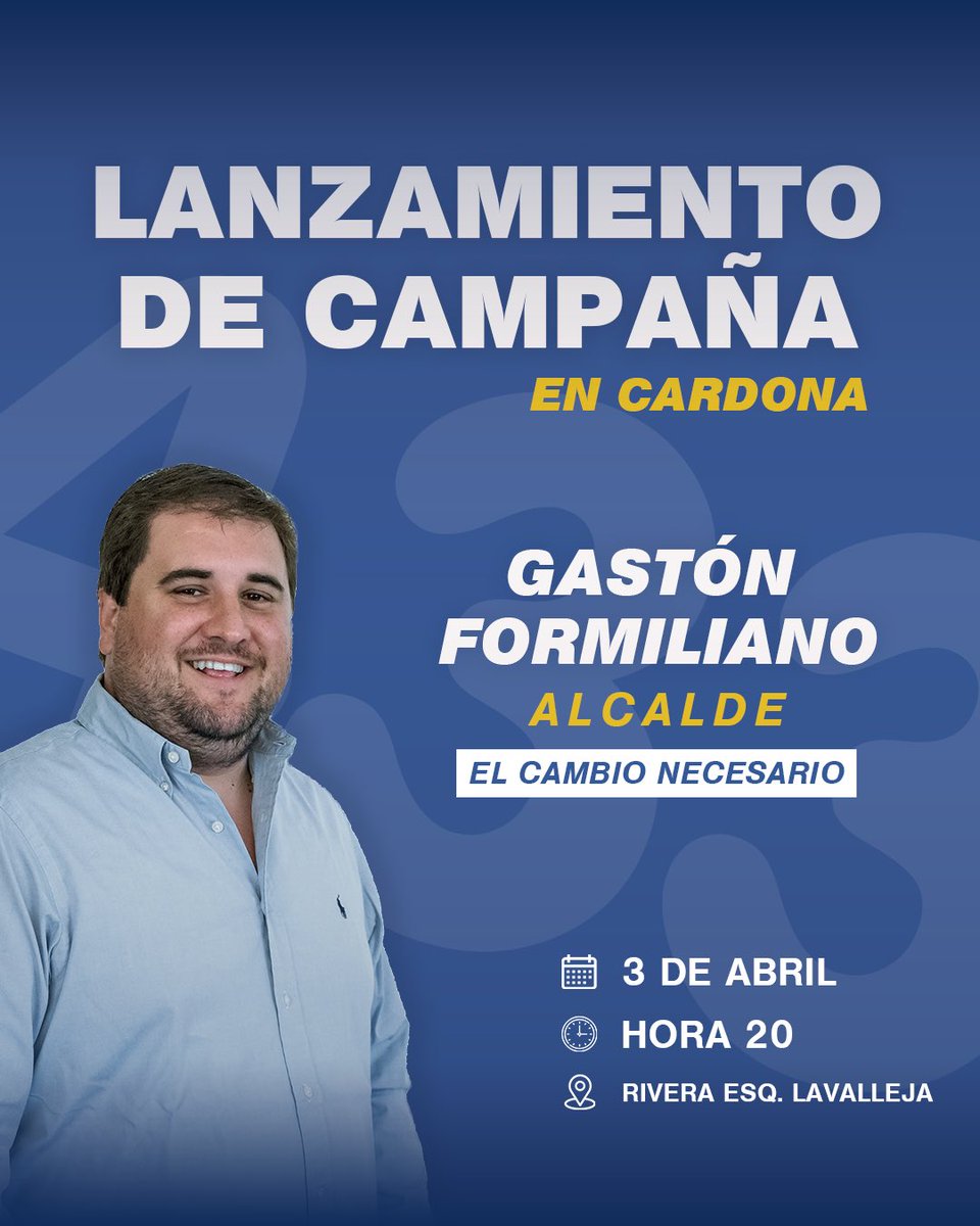 GFormiliano's tweet photo. Lanzamiento de campaña en Cardona!

Este jueves 3 de abril te esperamos para el lanzamiento de campaña camino a las elecciones departamentales del 11 de mayo.

📍Calle Rivera esq. Lavalleja.
⏰ 20 horas.

Gastón Formiliano Alcalde. https://t.co/tkoJFxSOdh