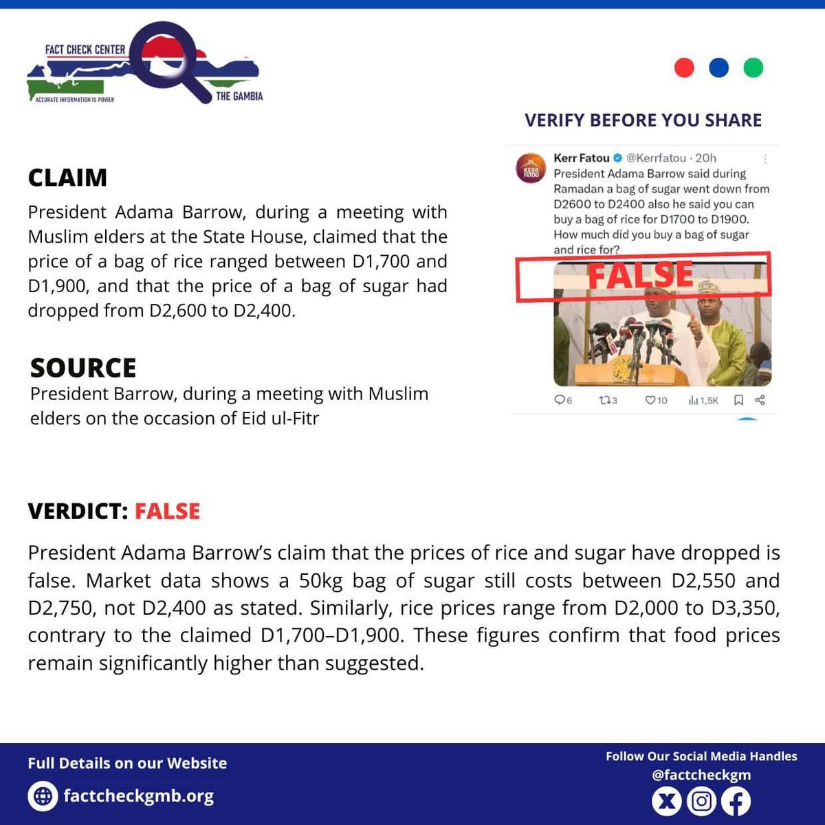 Story by Fact check Center

Source: President Barrow, during a meeting with Muslim elders on the occasion of Eid ul-Fitr

Claim: On March 30, 2025, President Adama Barrow, during a meeting with Muslim elders at the State House, claimed that the price of a bag of rice ranged