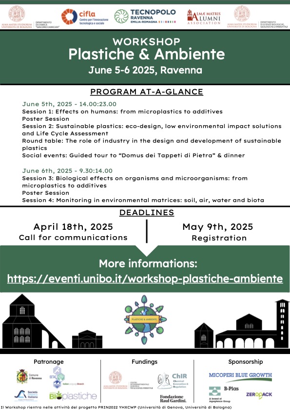 📅 Save the date!

Join us in Ravenna, June 5-6, 2025! Explore plastics' environmental impact, innovative solutions, and sustainability strategies with experts in the field

#LifeCycleAssessment #plastics #greenchemistry  #ravenna

👉 More information eventi.unibo.it/workshop-plast…