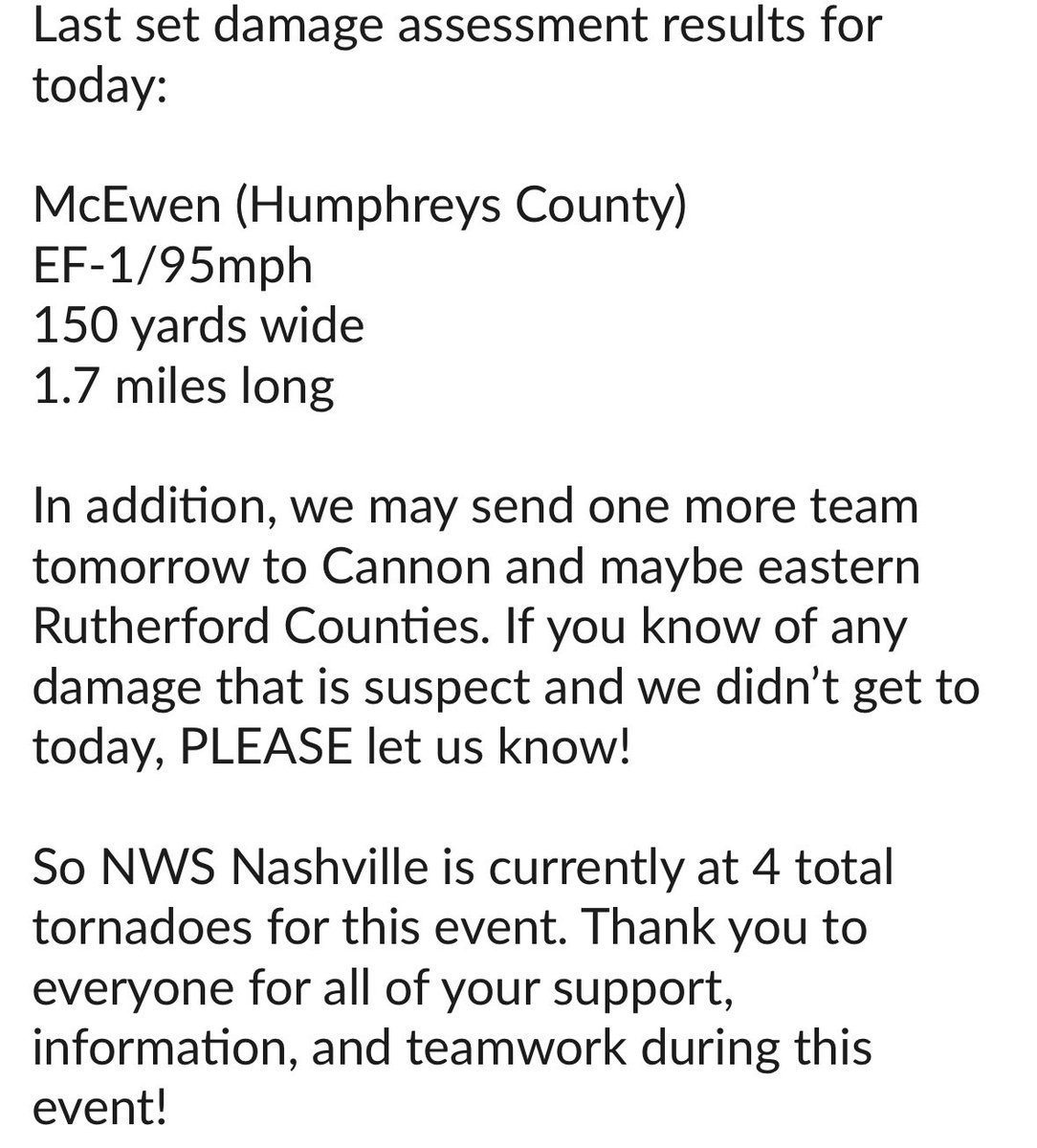 A 4th tornado confirmed in McEwen….