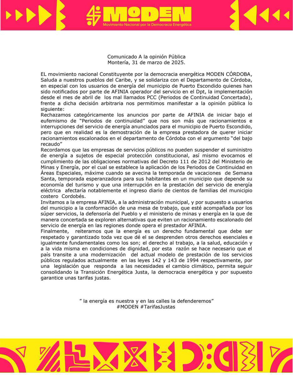 Rechazamos categóricamente los anuncios por parte de AFINIA de iniciar bajo el eufemismo de “Periodos de continuidad” que nos son más que racionamientos e interrupciones del servicio de energía anunciados para el municipio de Puerto Escondido.
HILO
1/2