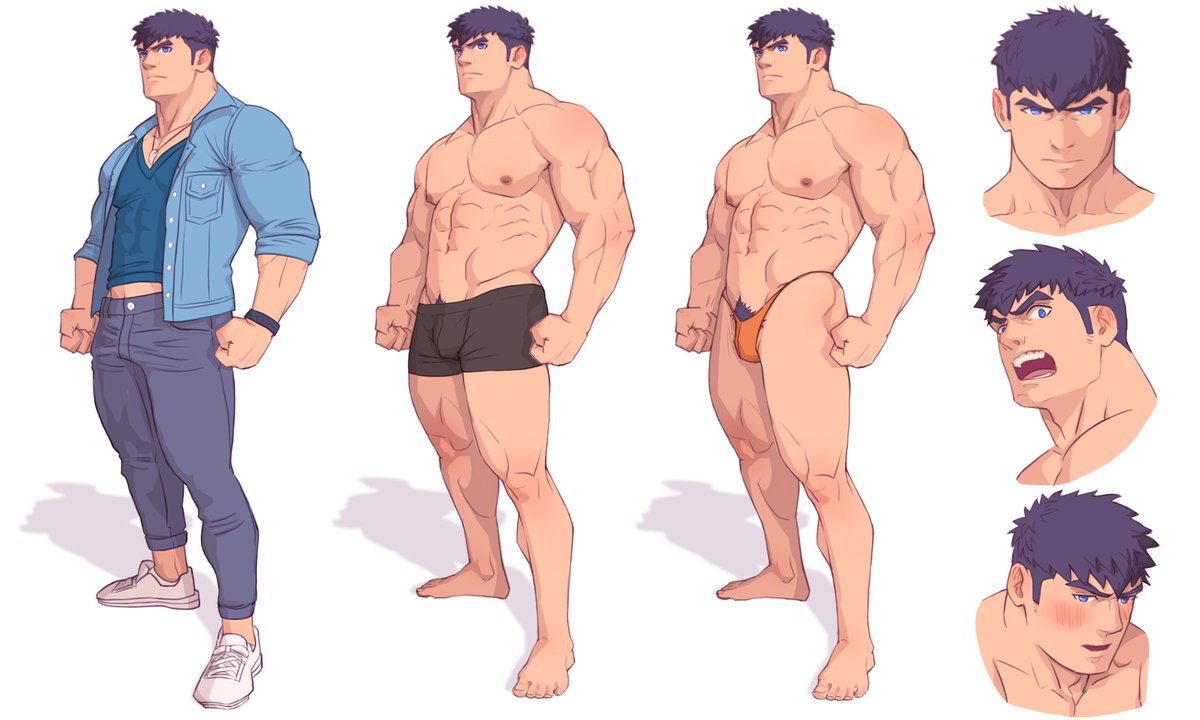 2 years has passed again since the last time I redrew my OC to check my improvement through the years, this time as a character sheet with some design's change😋 #originalcharacter #NSFW #bara #gayart #yaoi #muscle