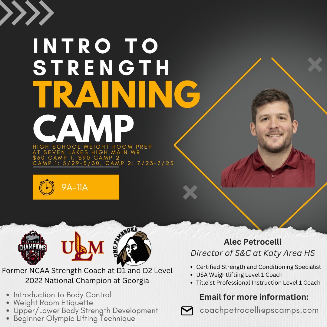 Will be having an intro to the Weight Room camp this summer in Katy! For kids entering 6-9th grade starting this fall. Sign up at pscamps.com