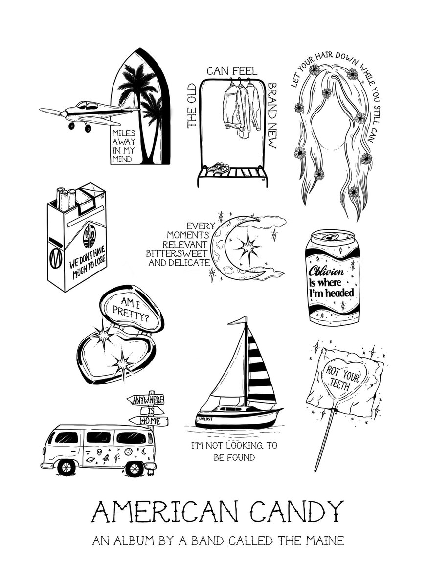 wasteIndbby's tweet photo. one drawing per song for american candy by the maine because this album changed my life forever 💕

@themaine https://t.co/8shDNmvkMV
