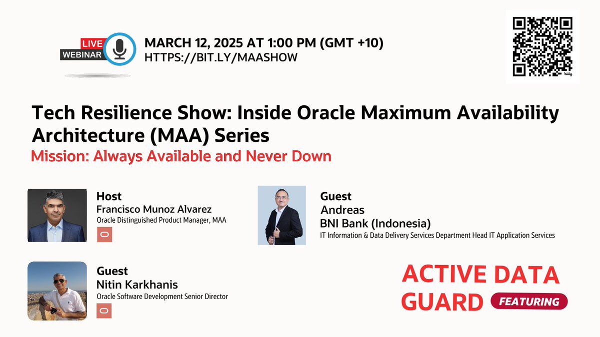 The inaugural episode of the Tech Resilience Show—Inside Oracle Maximum Availability Architecture Series—is now available for viewing here: youtu.be/X4HR0HOom_I?si…. This episode explores Oracle Active Data Guard through the lenses of a Customer, Developer, and Product Manager. I