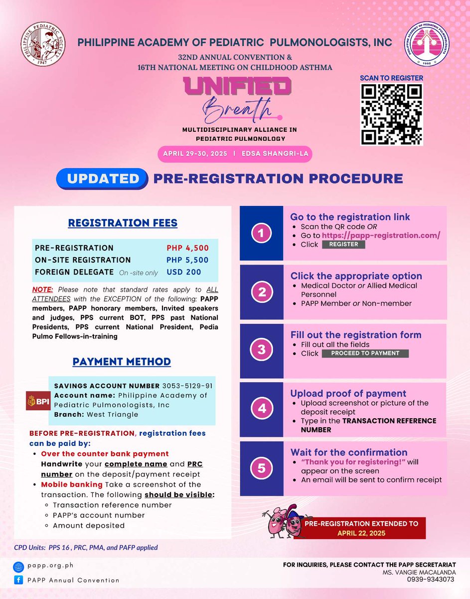 PAPP1992's tweet photo. 3 WEEKS TO GO BEFORE THE PRE-REGISTRATION DEADLINE

The PAPP invites you to the

32nd Annual Convention &amp;
16th National Meeting on Childhood Asthma

Theme:
Unified Breath: Multidisciplinary Alliance in Pediatric Pulmonology

April 29-30, 2025
EDSA Shangri-La, Mandaluyong https://t.co/tePyp8HB5b