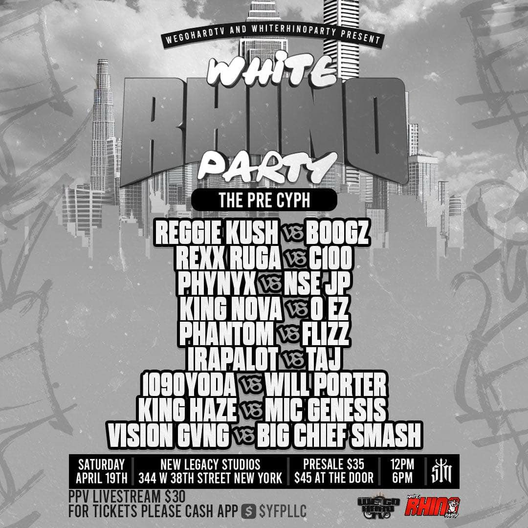 YourFrequentProblem (@whiterhinoparty) on Twitter photo 21 DAYS TILL #Whiterhinoparty ✅
THE PRE CYPH
<a href="/RegG_Kush/">Reggie Kush</a> VS BOOGZ
<a href="/gang_kem/">©️💯</a> vs <a href="/RexxRuga/">🗣🗣It's Rexx Ruga NIGGA‼️🦖🔥🔥🔥</a>
PHYNYX VS <a href="/Nse_Jp/">🅿️izzle</a>
<a href="/Toast2TheFamily/">King Nova “Mr . Dream Better</a> vs O EZ
<a href="/iam_lephantom/">PHANTOM 🎭</a> vs <a href="/CoreyFlizz/">CoreyFlizz</a>
<a href="/Irapalot410/">IRapAlot</a> vs TAJ
<a href="/MrWeightUp/">1090Yoda</a> vs WILL PORTER
KING HAZE VS <a href="/Mickhael_knight/">🎤 📖</a>
<a href="/VisionGvng/">Vision.Gvng BU2D</a> vs <a href="/JayJayBoogers/">Big Chief SMASH</a> 21 DAYS TILL #Whiterhinoparty ✅
THE PRE CYPH
<a href="/RegG_Kush/">Reggie Kush</a> VS BOOGZ
<a href="/gang_kem/">©️💯</a> vs <a href="/RexxRuga/">🗣🗣It's Rexx Ruga NIGGA‼️🦖🔥🔥🔥</a>
PHYNYX VS <a href="/Nse_Jp/">🅿️izzle</a>
<a href="/Toast2TheFamily/">King Nova “Mr . Dream Better</a> vs O EZ
<a href="/iam_lephantom/">PHANTOM 🎭</a> vs <a href="/CoreyFlizz/">CoreyFlizz</a>
<a href="/Irapalot410/">IRapAlot</a> vs TAJ
<a href="/MrWeightUp/">1090Yoda</a> vs WILL PORTER
KING HAZE VS <a href="/Mickhael_knight/">🎤 📖</a>
<a href="/VisionGvng/">Vision.Gvng BU2D</a> vs <a href="/JayJayBoogers/">Big Chief SMASH</a>