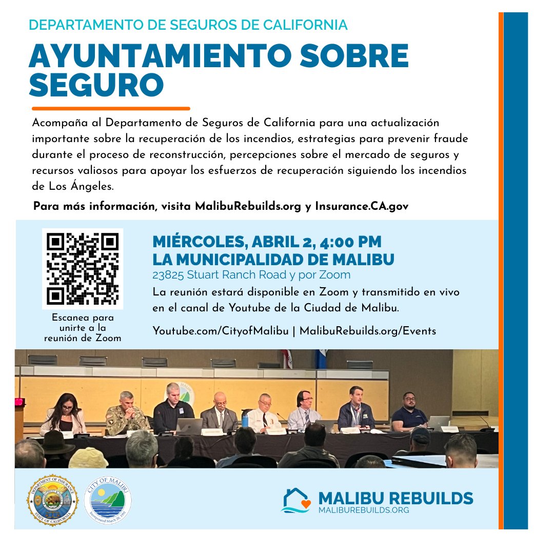 📢 Malibu Insurance Town Hall – Join us Wednesday, April 2, at 4 PM at Malibu City Hall!

Get the latest updates on wildfire recovery and rebuilding resources, fraud prevention and the insurance market outlook.

Can’t make it in person? Watch it live on Zoom &amp; YouTube!

🔗 For
