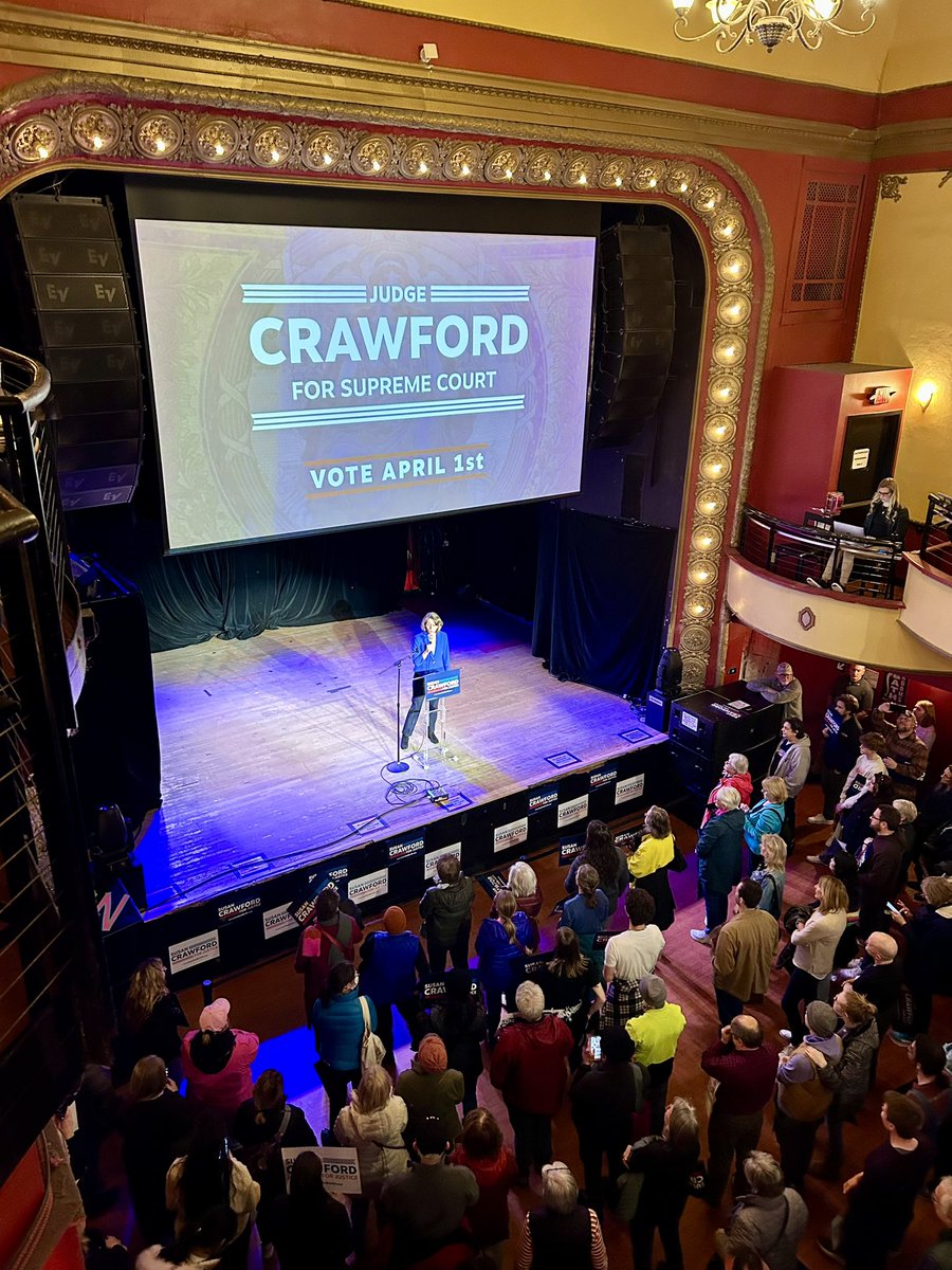 Susan Crawford at a canvass kickoff event at the Majestic in Madison on Election Day Eve: “I never thought as a little girl growing up in Chippewa Falls, Wisconsin, that I’d be going up against the richest man in the world to fight for justice in our state but here we are.”