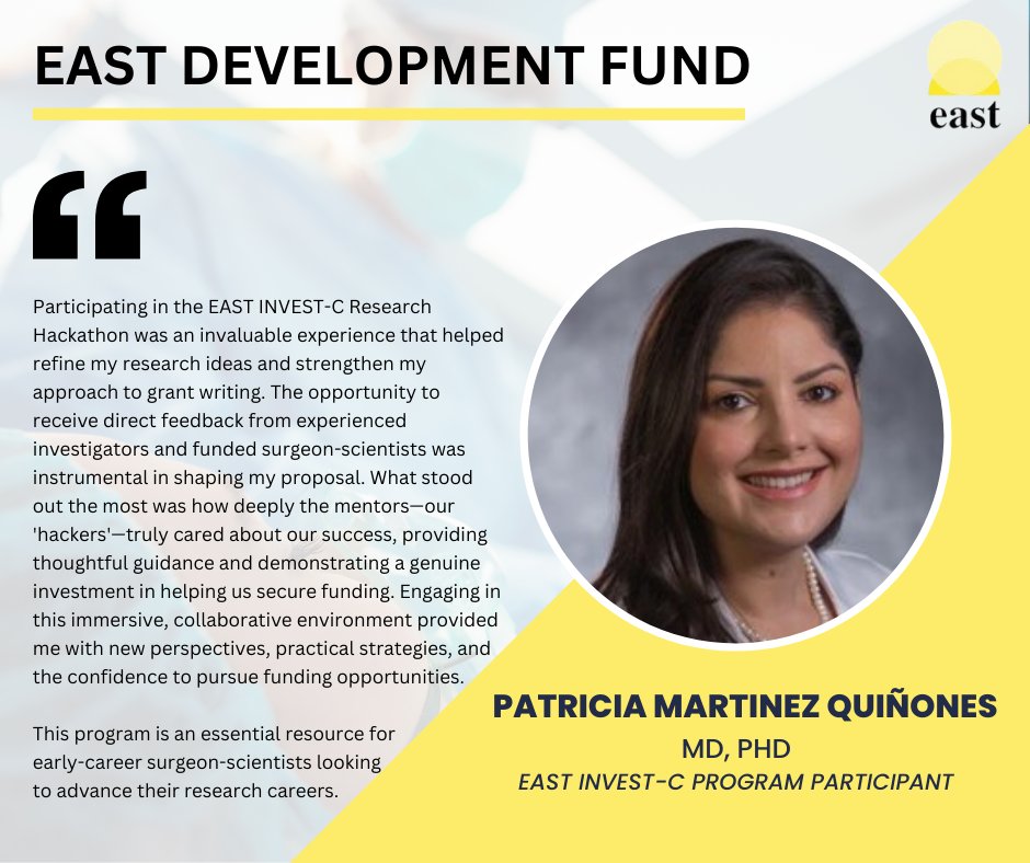 EAST (@east_trauma) on Twitter photo Traumatic injury is a public health challenge, but thanks to your generosity, we can support trauma leaders like Dr. <a href="/PMartinezMD/">Patricia Martinez Quiñones, MD PhD</a> who are working to prevent injury and save lives. Donate to the EAST Development Fund & help support the future of trauma care. Traumatic injury is a public health challenge, but thanks to your generosity, we can support trauma leaders like Dr. <a href="/PMartinezMD/">Patricia Martinez Quiñones, MD PhD</a> who are working to prevent injury and save lives. Donate to the EAST Development Fund & help support the future of trauma care.