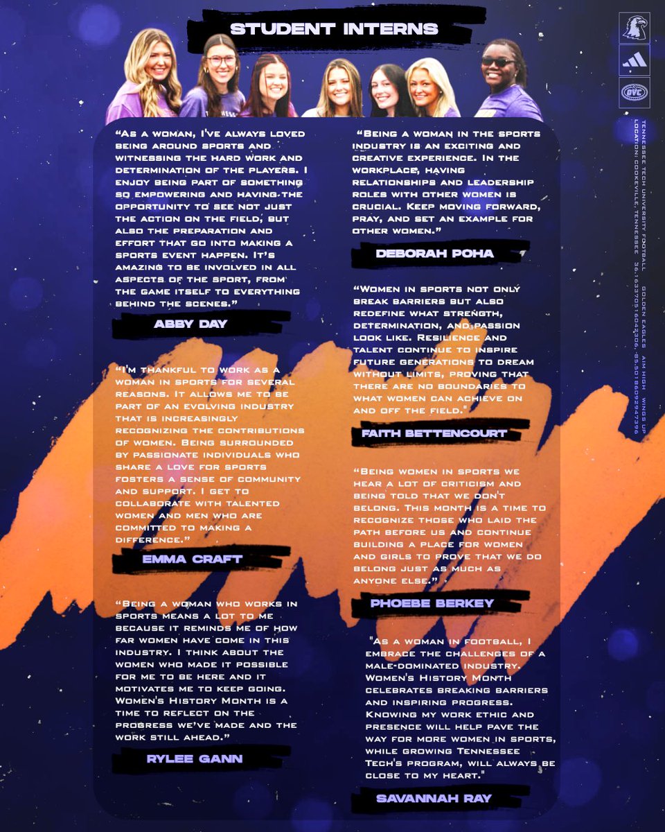 TNTechFootball's tweet image. Meet our Student Interns as they reflect on the significance of #WomensHistoryMonth and what it means to them 🏈🤍

#AimHigh | #WingsUp