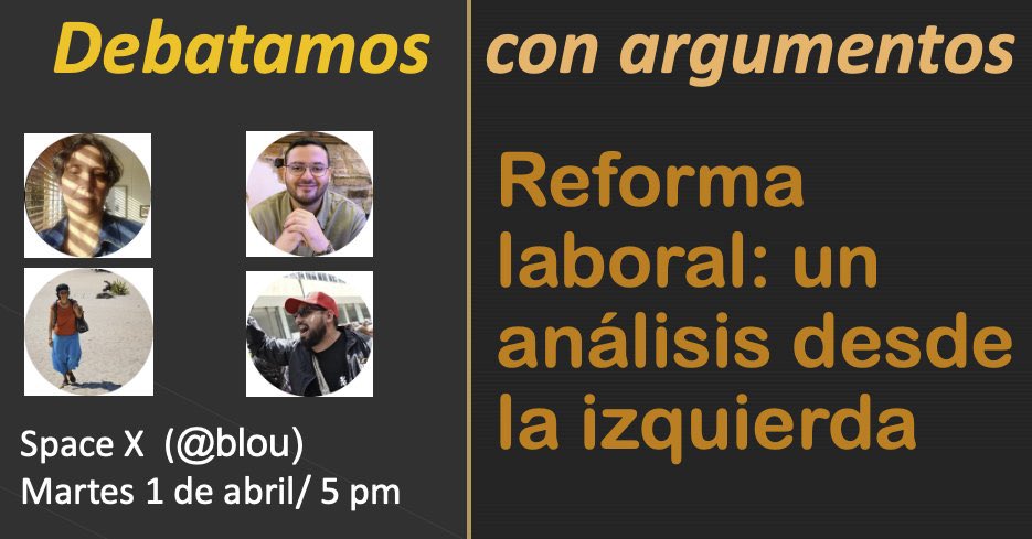 Mañana 1 de abril a las 5:00 pm estaré junto a <a href="/blou/">Olga L Gonzalez</a>, <a href="/isarroyo/">Isabel Arroyo</a> y <a href="/az_curcio/">Andrés Zambrano-Curcio</a> en un Space hablando sobre la reforma laboral y la situación del mercado laboral en el Colombia

Cordial invitación para tener una charla tranquila y con argumentos sobre la reforma que necesita el país