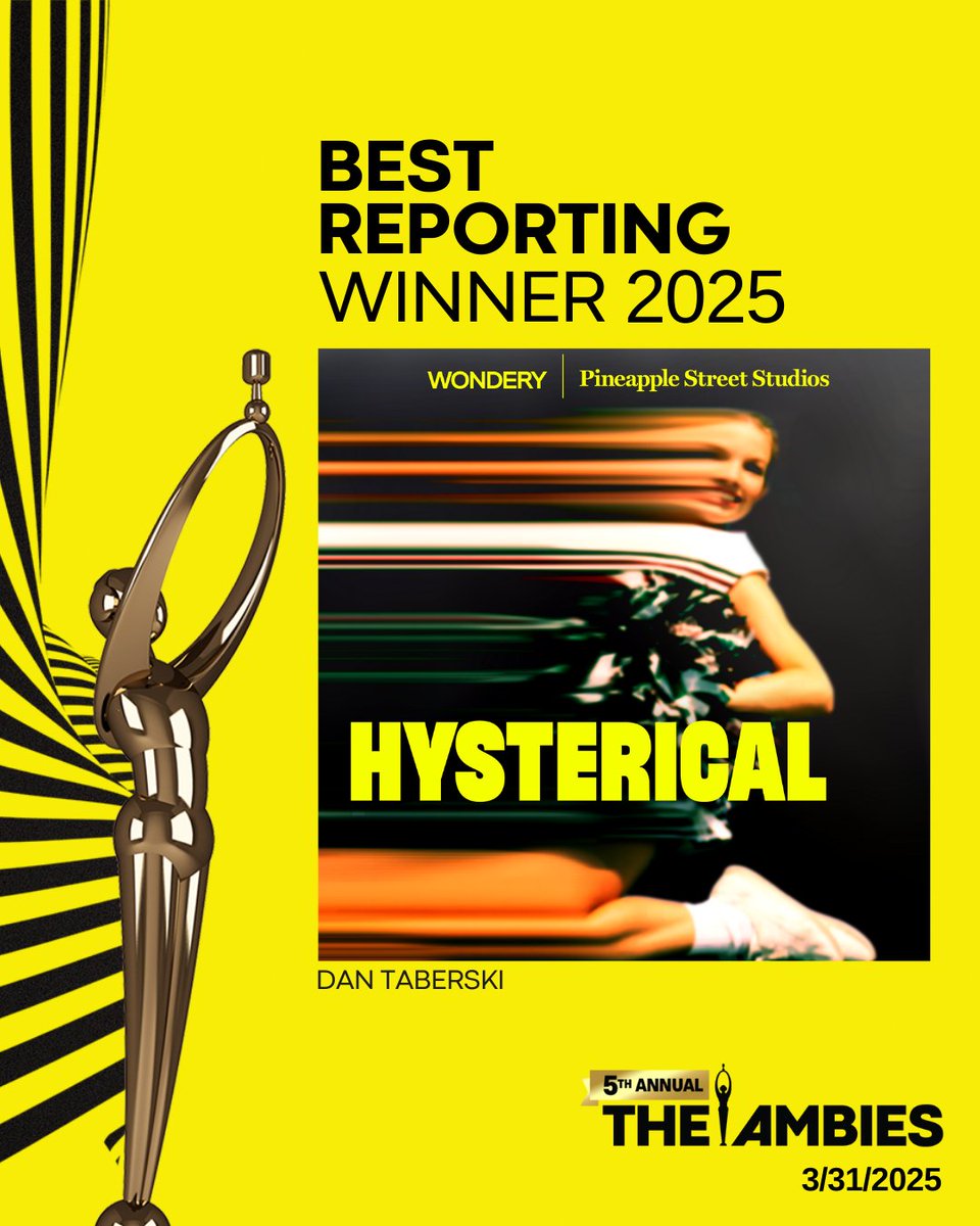 🎤 Hysterical claims Best Reporting! Dan Taberski delivers an unforgettable deep dive into an important story. 👏 #TheAmbies #PodcastAwards <a href="/WonderyMedia/">Wondery</a>