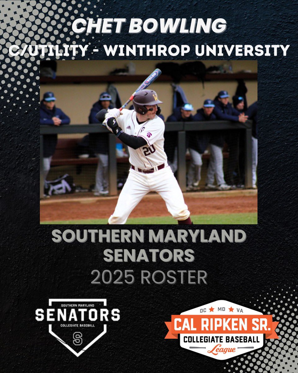 Southern Maryland Senators Collegiate Team (@gosomdsenators) on Twitter photo The Southern Maryland Senators welcome junior, Chet Bowling a catcher and utility player from Winthrop University (<a href="/WinthropBSB/">Winthrop Baseball</a>), to the 2025 summer roster.
Weβre excited to have you on the team! ROLL SENS! The Southern Maryland Senators welcome junior, Chet Bowling a catcher and utility player from Winthrop University (<a href="/WinthropBSB/">Winthrop Baseball</a>), to the 2025 summer roster.
Weβre excited to have you on the team! ROLL SENS!