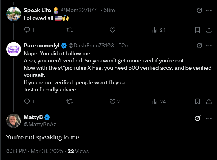 YourAIMusic's tweet photo. @MattyBnAz Hey dude. 
Pure Comedy! here.
I was speaking to speak life dude.
Can you unblock me and exchange follows?
Also, I called X's rules sttpid. Not you. Tweeter was better! https://t.co/QXEpWJIKwx