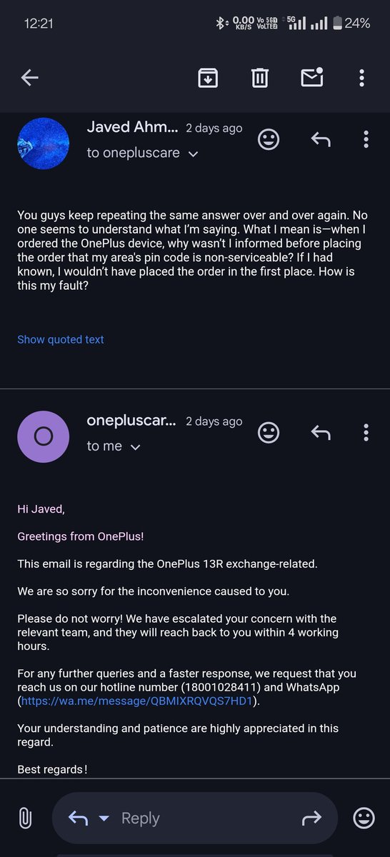 ayank08620537's tweet image. #OnePlusScam #ExchangeFraud #ConsumerRights #OnePlusIndia @jagograhakjago @DoT_India They're Reporting Same Answer Again n again like Robot.