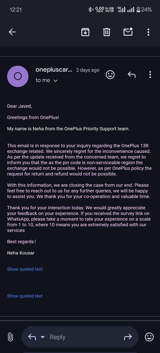 ayank08620537's tweet image. #OnePlusScam #ExchangeFraud #ConsumerRights #OnePlusIndia @jagograhakjago @DoT_India They're Reporting Same Answer Again n again like Robot.