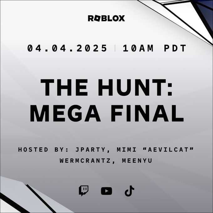 Hi! I'm super excited to be one of the hosts for @ROBLOX's The Hunt: Mega Final this Friday!

a HUGE $1,000,000 prize is on the line for 10 contestants competing in multiple of ROBLOX's best games!

live on their YT, TikTok or Twitch, 4/4 at 10am PDT
rblx.co/the-hunt-mega-…

#Ad