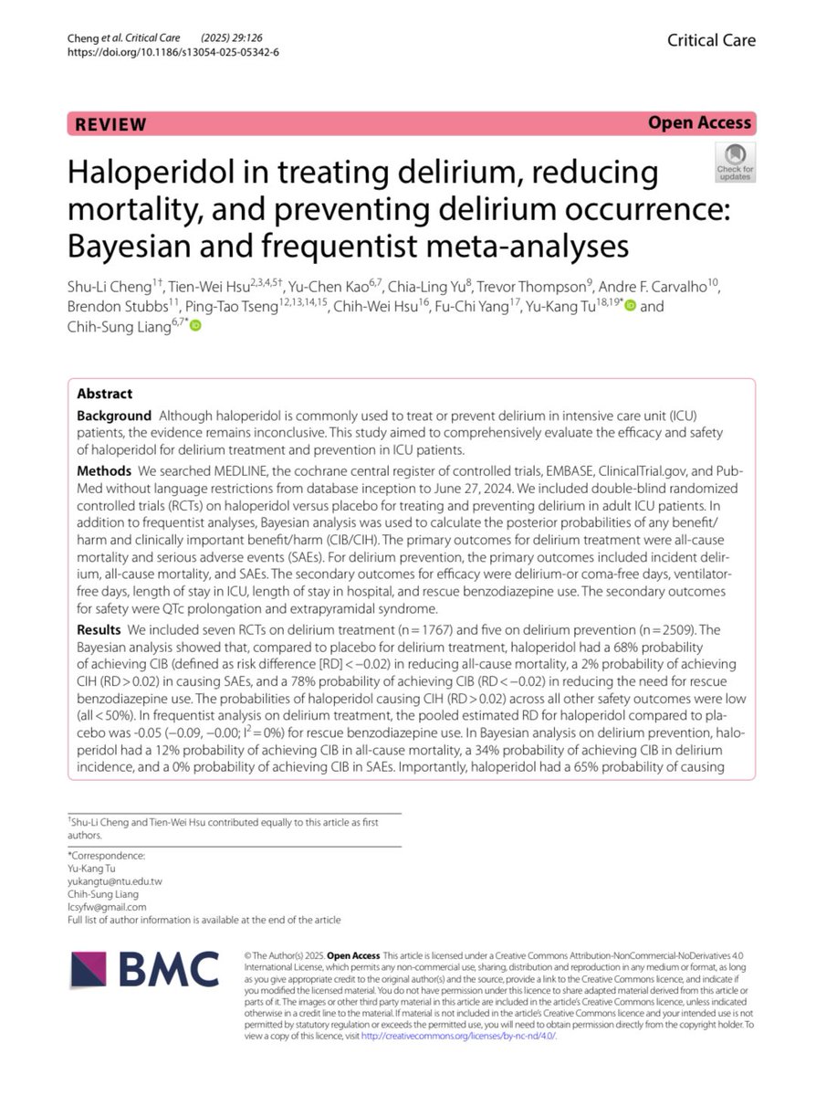 El Haloperidol sigue siendo el único medicamento que aparte de ser Efectivo para el Tratamiento del Delirium puede disminuir la Mortalidad (ya van 2 análisis Bayesianos a favor) y con amplio perfil de seguridad 💊 no le hagan a la mamada con otros como Ketiapina, Olanzapina o