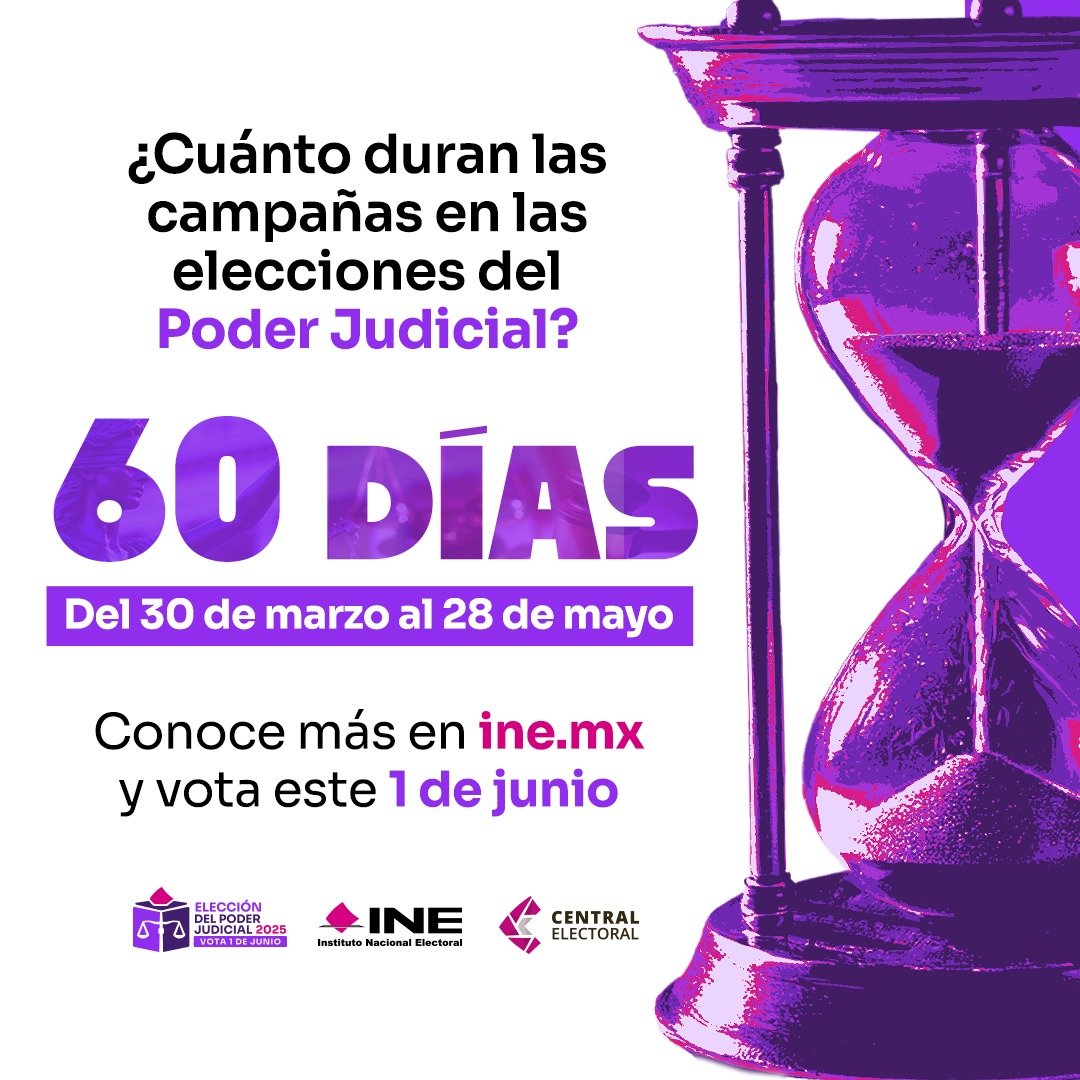 ¡Toma nota! Tienes hasta el 28 de mayo para conocer a las y los candidatos en las campañas para las elecciones del Poder Judicial. 🗳️

Visita ine.mx y mantente informado.
